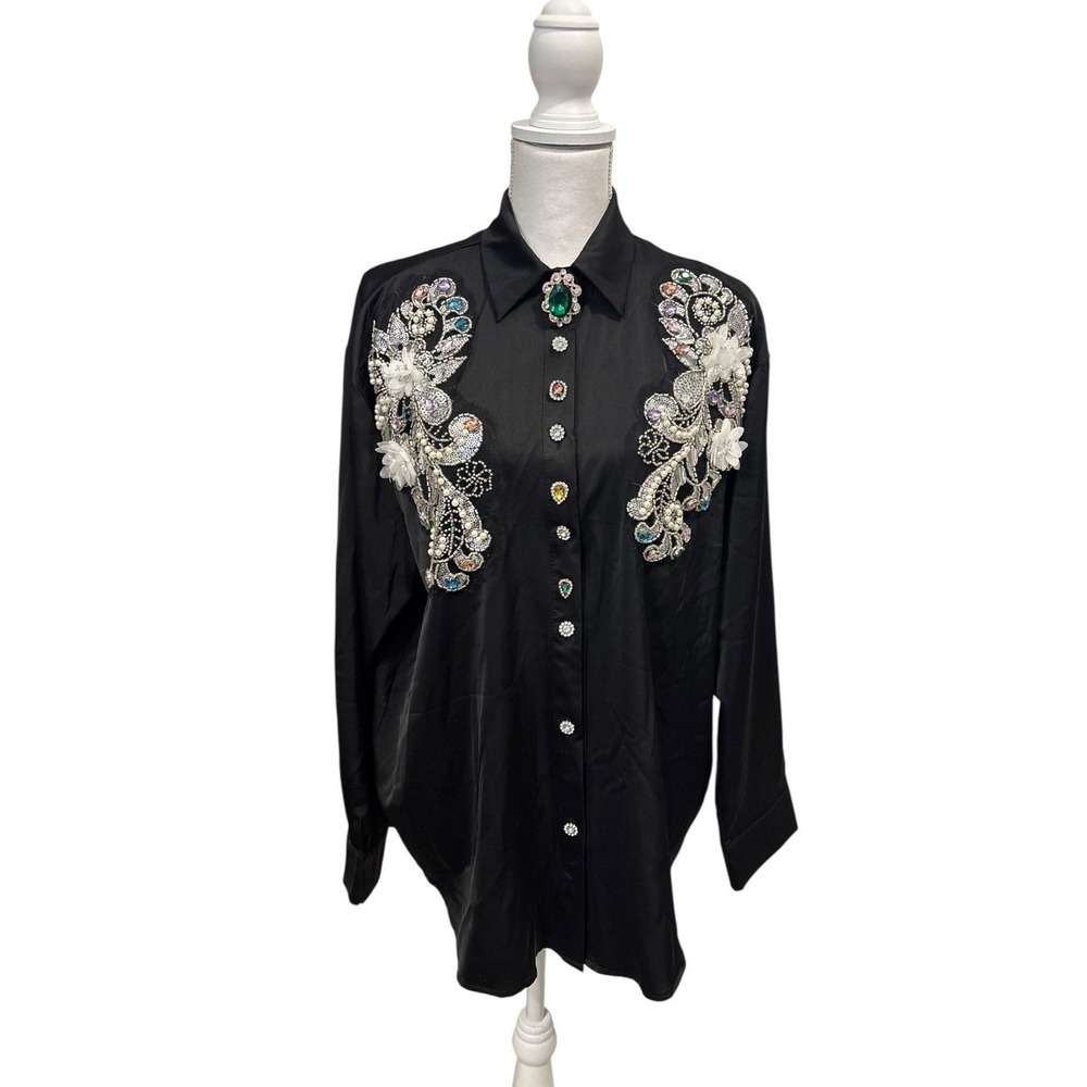NWT La' Ros L Black Blouse Crystal Beaded Floral Embroidery Embellished Top Chic